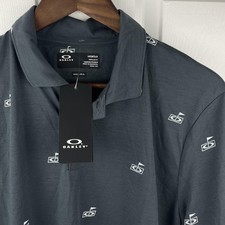 Oakley Hydrolix Polo Shirt Mens Large Gray Golf Flag Print Moisture Wicking NEW