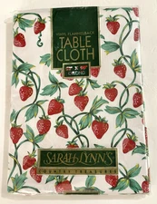 Vintage Strawberry Vinyl Flannel Back Tablecloth Oblong 52"x90" Cottage Core