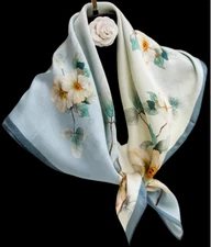 100% Silk 34" Square Scarf Women neckerchief Shawl Wrap floral blue yellow HD24