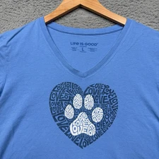 Life Is Good Crusher T-Shirt Women's Large Blue V-Neck Short Sleeve Graphic Tee