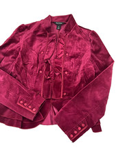 White House Black Market Velvet Jacket Sz 6 Maroon Ruffle Tailored Blazer