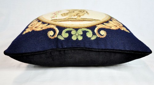 Vintage Wool Needlepoint Throw Pillow Cover Navy Blue Greek Goddess with Garland - Picture 6 of 9