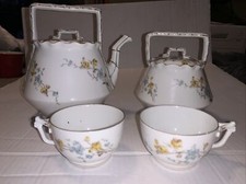 LIMOGES T V GOLD AND WHITE TEAPOT Yellow Blue Flowers Cups Tea Set