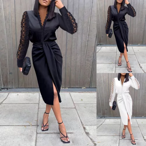 Womens Lace V Neck Wrap Dress Ladies Long Sleeve Evening Cocktail Midi Dress - Picture 1 of 10