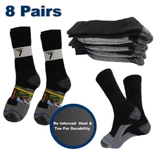8 Pairs Men's Work Socks BLACK Boots Socks Cushioned 10-13 Reinforced Heel & Toe