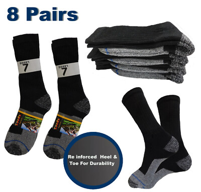 8 Pairs Men's Work Socks BLACK Boots Socks Cushioned 9-11 Reinforced Heel & Toe