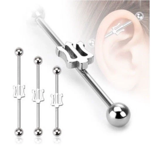 PITCHFORK TRIDENT CENTER STEEL INDUSTRIAL BARBELL 14G PIERCING