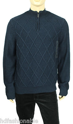 NEW PERRY ELLIS HALF ZIP WOOL BLEND BLUE ARGYLE PULLOVER SWEATER 