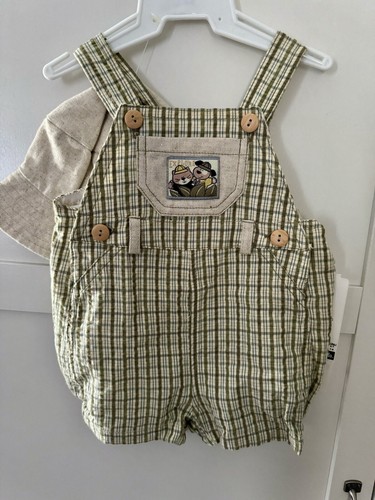 Vintage BT Kids Shortall Overalls 3-6 Mths Kitty Puppy Tan Plaid Gingham W/ Hat