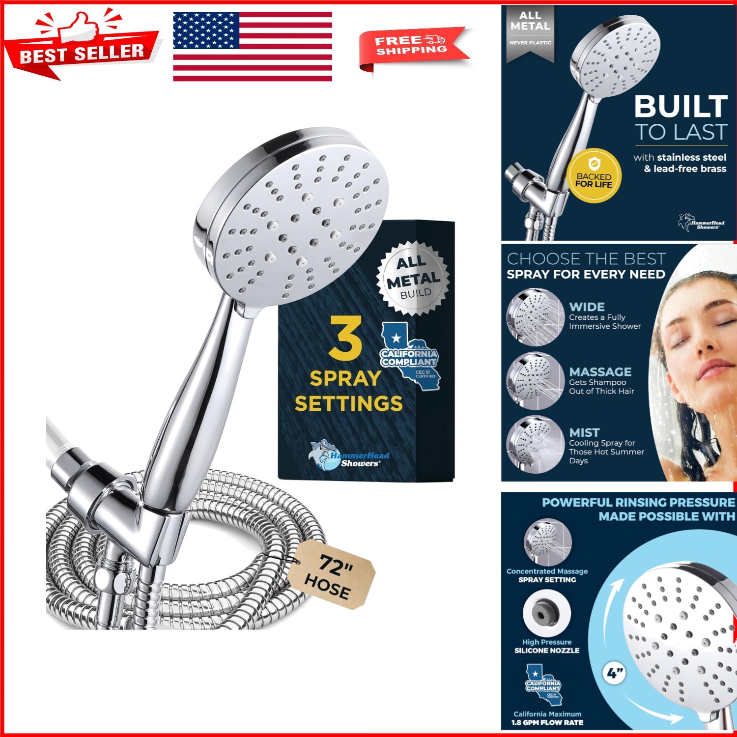 Versatile Chrome Shower Head with 3 Settings & Adjustable Holder - Easy Install