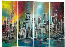 Set Of 4 Beautiful City Street Scene Oil on Canvas Original Artwork Painting