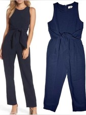 Eliza J Navy Blue Crepe Tie Waist Jumpsuit Size 12 Pleated Waist Office Coastal