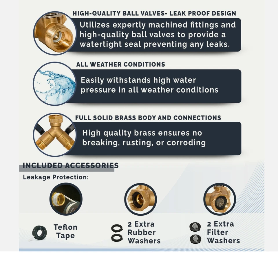 Paquete de 2 divisores de manguera de jardín de 2 vías de latón Morvat - resistente con asas de goma Foto 4 de 4