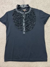 Victorian 1890’ Ruffled Bib High Neck Black Romantic Short Sleeves Top Size S