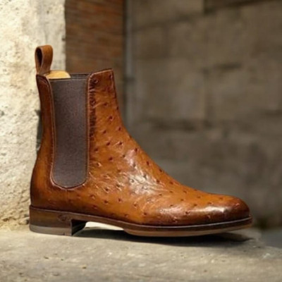 Handcrafted Men's Tan Ostrich Leather Ankle High Formal Chelsea Boots