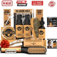 Beard Grooming Kit with Heated Straightener & All-Natural Products