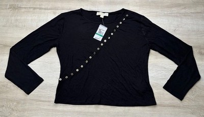 NWT Michael Kors Womens Top Black L Asymmetrical Button Front Long Sleeve