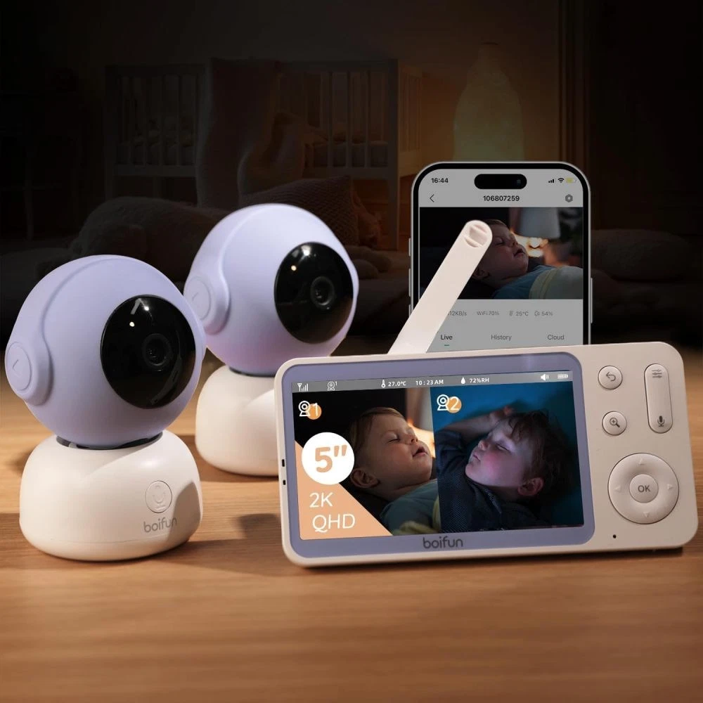 BOIFUN Baby Monitor 5” Split Screen 2K WiFi with 2 360° Cameras AI Detection