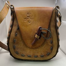 Vintage Hand Tooled Leather Purse Shoulder Bag, Lion Embossed on Flap, Pocket