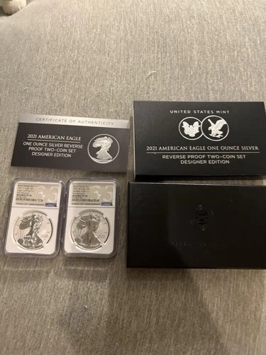 US Mint American Eagle 2021 One Oz Silver Reverse Proof Two-Coin Set NGC PF70!!!