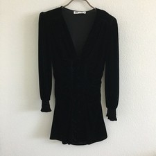 Zara Black Velvet Dress Womens Small Deep V Neck Front Buttons Long Sleeves