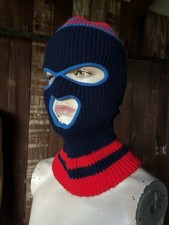 Vintage 70s Balaclava Knit Striped Red Navy Blue Winter Ski Robber Mask 80s