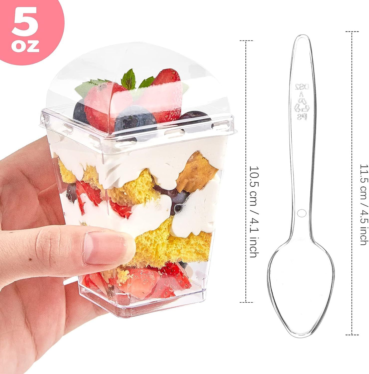 Dlux 100 x 3oz Mini coppe da dessert con cucchiai e coperchi, Quadrato Alto - Tazza Antipasto Parfait in plastica trasparente - Piccola ciotola riutilizzabile per Antipasti per la festa