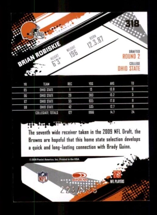 2009 Score Inscriptions #318 Brian Robiskie RC 223/999 - Image 2 of 2