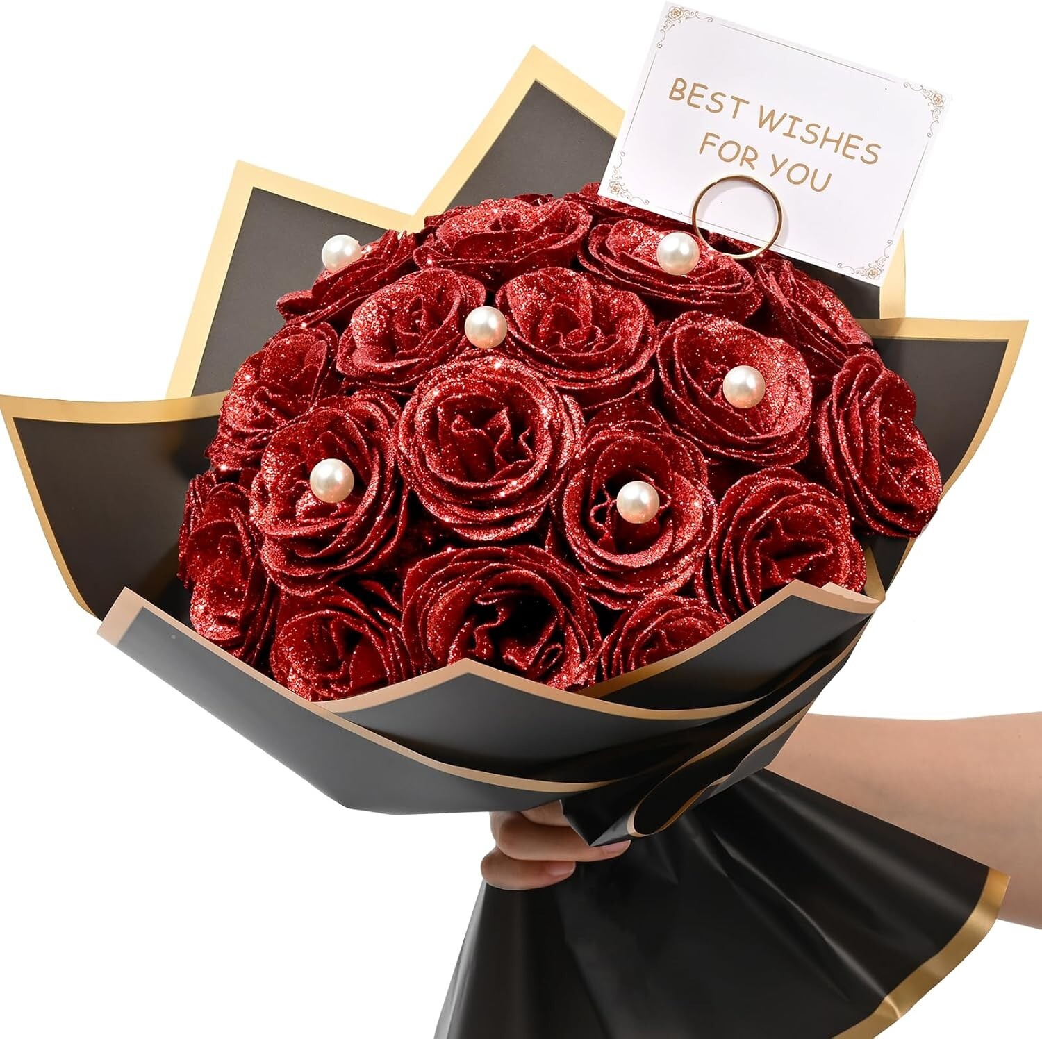 Red Glitter Roses Bouquet DIY Fake Flowers Bouquet Everlasting Shiny Artificial