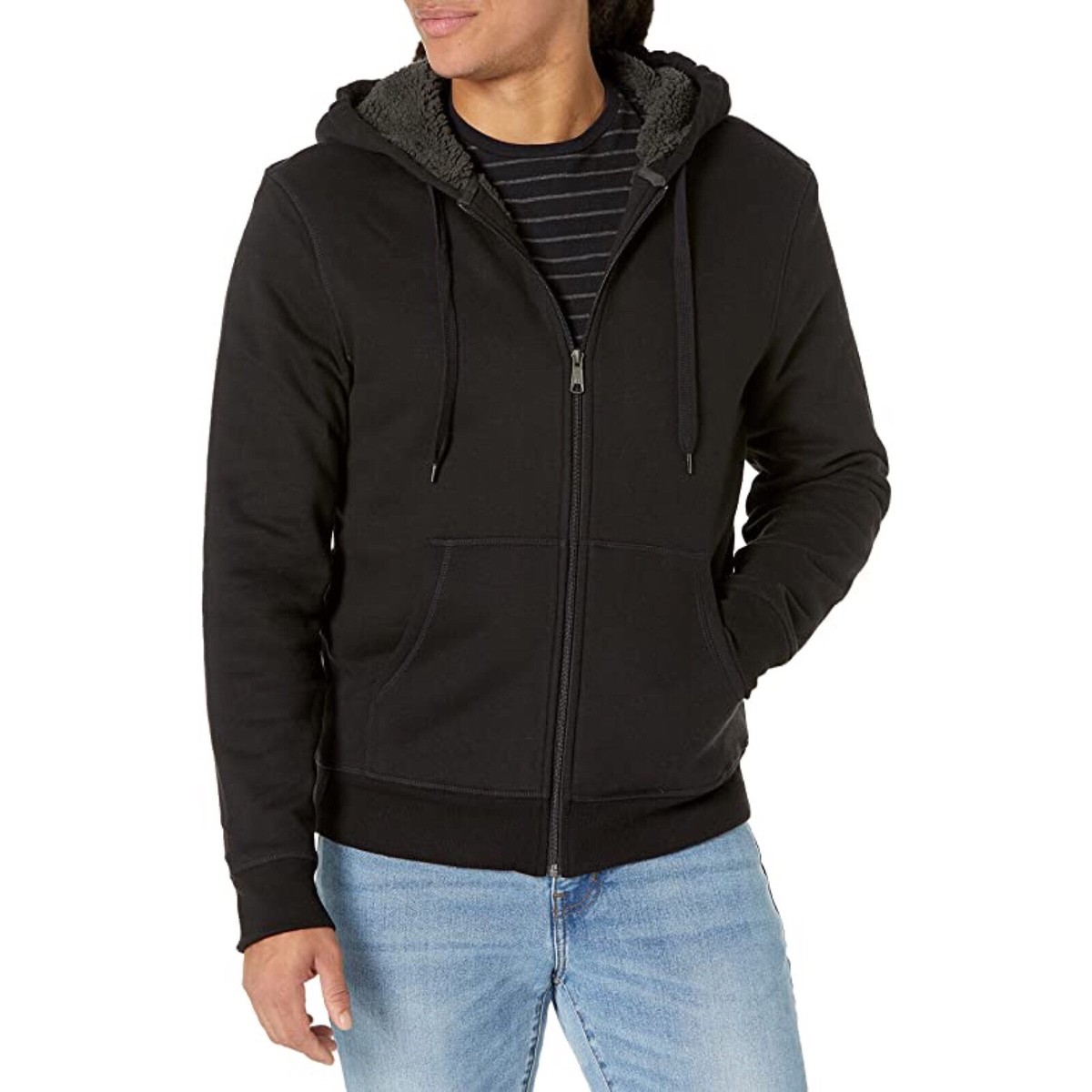 Men's Sherpa Lined Full-Zip Hooded Fleece Sweatshirt Black Medium