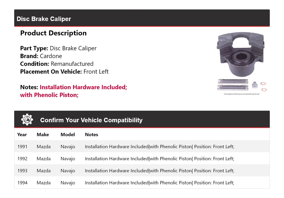 Pinza de freno de disco delantera izquierda cardone 1992 1993 para Mazda Navajo 1991-1994 Foto 2 de 4