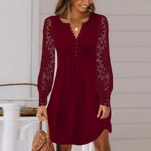 Womens Lace Long Sleeve Mini Dress Ladies Button V Neck Party Shirt Dresses UK - Picture 6 of 20