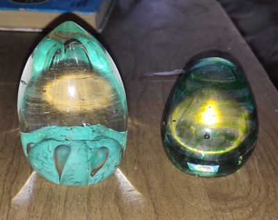 2 Paperweights Green Glass Eggs Shaped One Captured Bubbles 2.5'' Tall Vintage