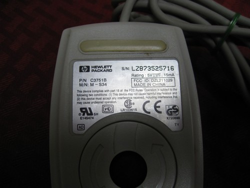 Vintage HP 2-Button Wired PC Mouse 6-Pin mini-DIN PS/2 Connector M-S34 5182-8864 - Picture 5 of 5