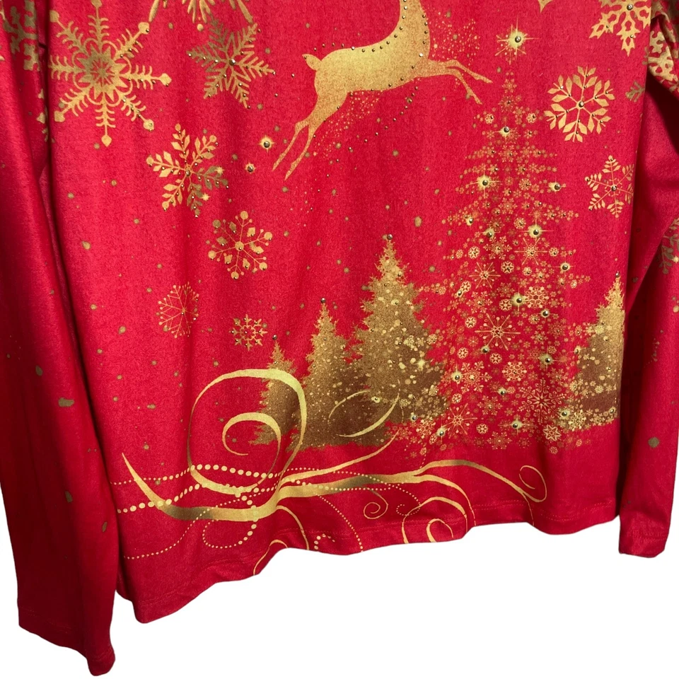 Рождественская рубашка Erika женская маленькая красное золото со стразами праздничный металлический олень - Изображение 4 из 4