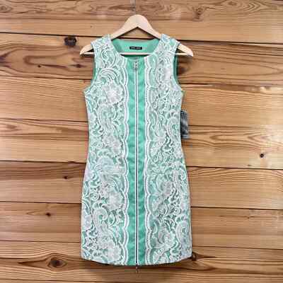 Samuel Dong Dress 6 Pistachio Green Lace Overlay Full Front Zip Stretch B144