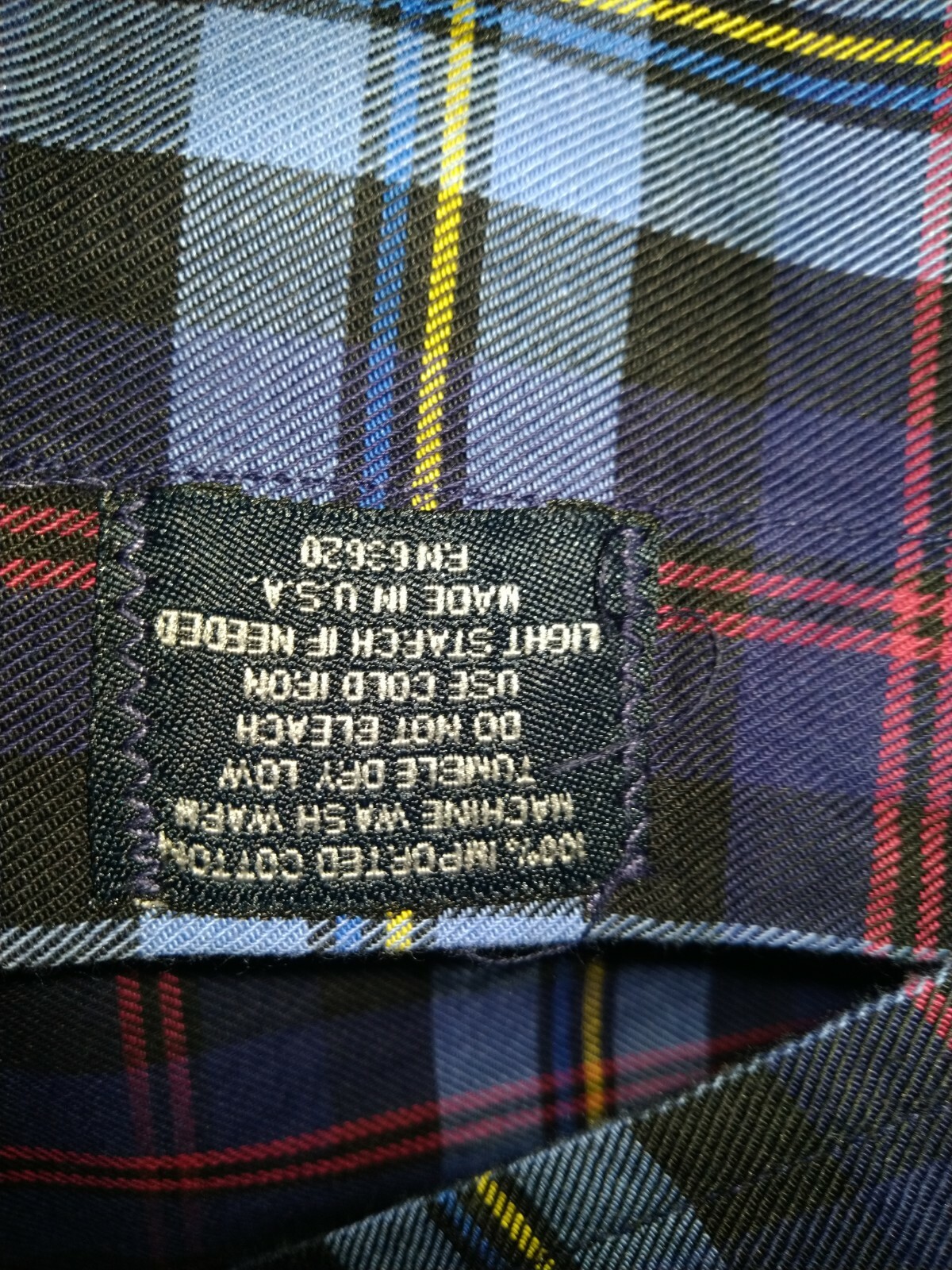 Vtg Burberry London plaid button up shirt, blue with yellow, red, and black plaid pattern, made in USA.