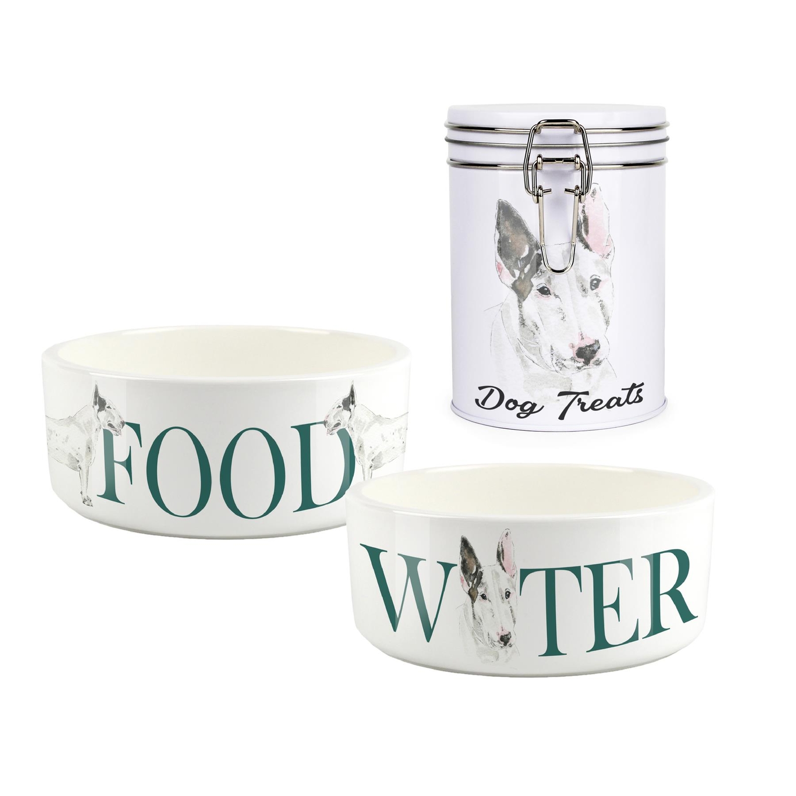 Bull Terrier Pet Bowls & Treat Canister Set - Food/Water Gifts for Dog Owners