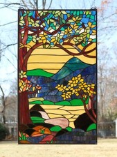 Tiffany Style stained glass window panel Dawn in Valley. 20" x 33.75"