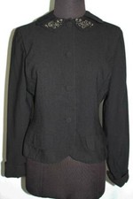 RARE VINTAGE 1940'S BLACK BEADED COLLAR GABARDINE WOOL FITTED JACKET SZ MEDIUM