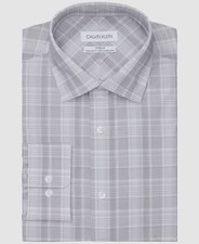  80 Calvin Klein Mens Regular-Fit Gray Plaid Stretch Dress Shirt Size 17 34/35