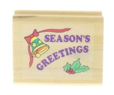 Season's Greetings with Bell and Holly Wooden Rubber Stamp