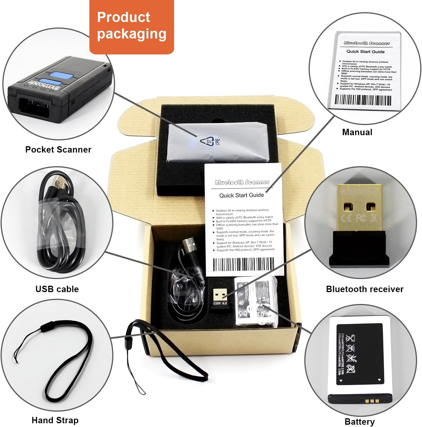 USB Bluetooth Barcode Scannersymcode 1D Mini Wireless Handheld Laser ...