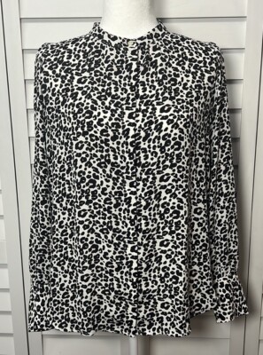 LOFT Leopard Print Long Sleeve Crossover Back Utility Button Down Top Size Small