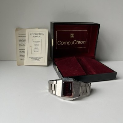 Vintage 1970s Compu Chron Red LED Digital Watch - Working w/ Original Box & Manu