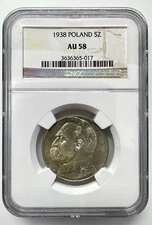 1938 Poland Józef Piłsudski, Silver 5 Zlotych, AU58 NGC Y# 28 premium quality