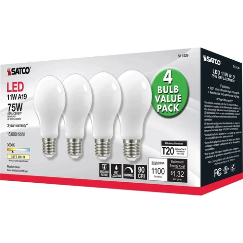 11 Watt A19 LED - 75W Replacement - Soft White - Medium base - 3000K - 120V - 4- - Picture 5 of 7