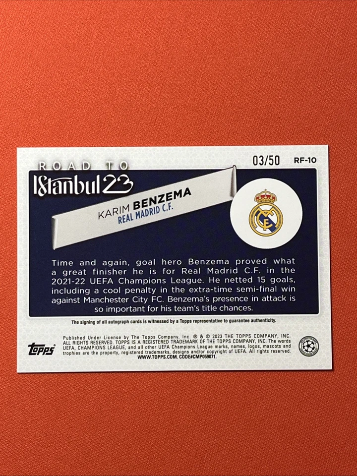 2022-2023 Topps UEFA UCL Karim Benzema AUTO #/50 💎 Road To Istanbul Real Madrid - Image 2 of 2