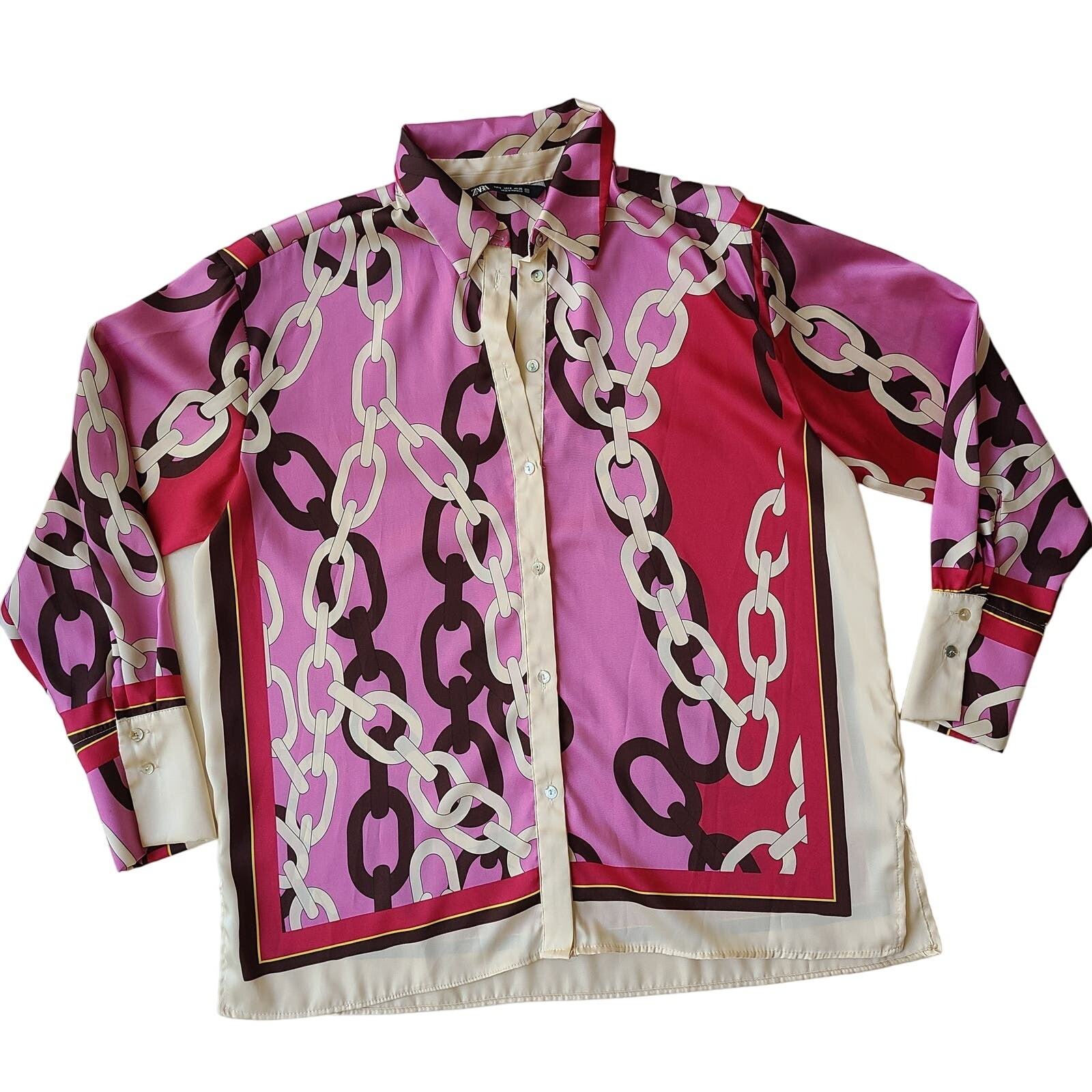 ZARA Woman Chain Print Long-Sleeve Button-down Satin Blouse FW22 Size Small EUC image 8