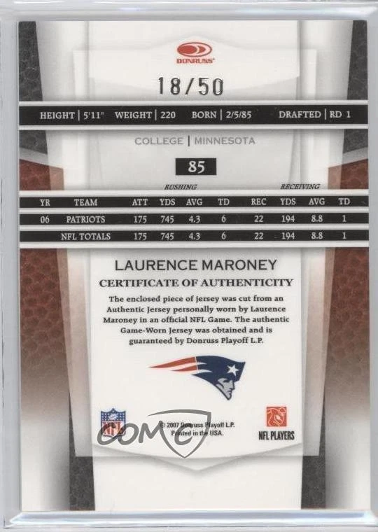 2007 Leaf Certified Materials Mirror Blue Materials /50 Laurence Maroney #85 - Image 2 of 2